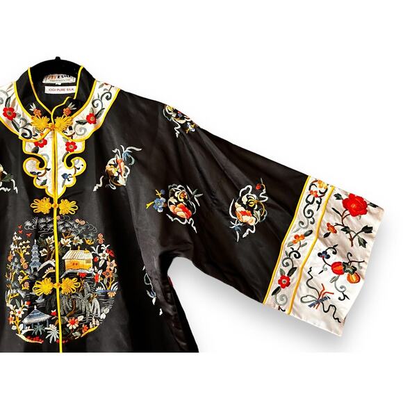 Vintage Chinese ESME Embroidered 100% Silk Circa 1950's Mandarin Kimono Robe L - Picture 4 of 16